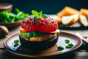 a tomato and cheese sandwich on a plate. AI-Generated photo