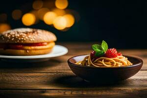 spaghetti and a hamburger on a wooden table. AI-Generated photo