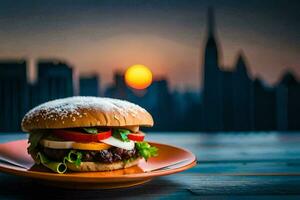 a hamburger on a plate with the sun setting in the background. AI-Generated photo