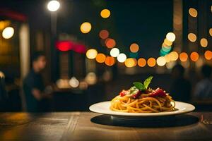 a plate of spaghetti on a table in a restaurant. AI-Generated photo