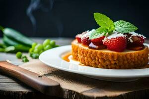 a dessert with strawberries and mint on a plate. AI-Generated photo