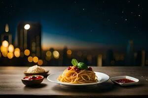 spaghetti with tomato sauce and basil on a plate in front of a cityscape. AI-Generated photo