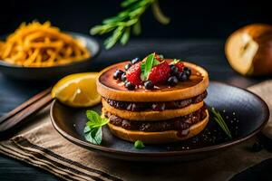 a stack of pancakes with berries and lemon. AI-Generated photo