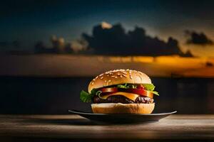 a hamburger on a plate with a sunset in the background. AI-Generated photo