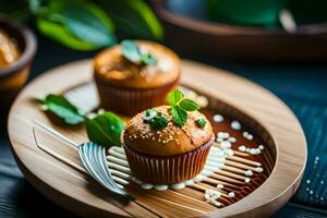 two cupcakes on a wooden plate with a fork. AI-Generated photo