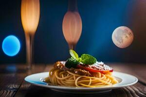 a plate of spaghetti with tomatoes and basil on a wooden table. AI-Generated photo