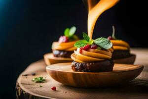 a dessert being cooked on a wooden plate. AI-Generated photo