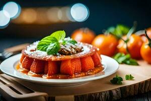 a dessert with tomatoes and basil on a plate. AI-Generated photo