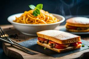 the sandwich is served with a bowl of pasta and a fork. AI-Generated photo