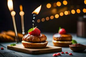 pequeño pasteles con velas en un de madera mesa. generado por ai foto