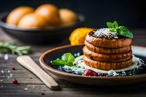 a plate with a stack of pancakes on it. AI-Generated photo