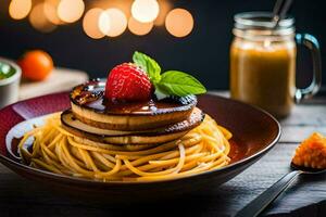 pancakes with sauce and berries on a plate. AI-Generated photo