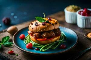 a hamburger with meat, vegetables and berries on a plate. AI-Generated photo