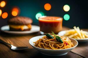 spaghetti and burger on a wooden table. AI-Generated photo