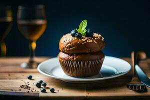 a cupcake with blueberries on top sits on a plate. AI-Generated photo