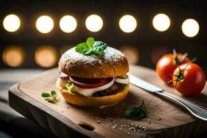 a hamburger with tomatoes and cheese on a wooden cutting board. AI-Generated photo