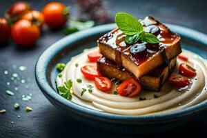 tofu con tomate salsa y menta hojas. generado por ai foto