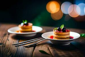 dos pequeño platos con postre en un de madera mesa. generado por ai foto