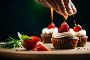 a person is dipping strawberries into a cupcake. AI-Generated photo