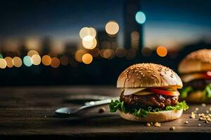 two hamburgers on a wooden table with city lights in the background. AI-Generated photo