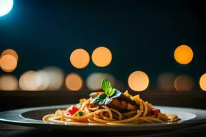 a plate of pasta with tomato sauce and basil on a wooden table. AI-Generated photo