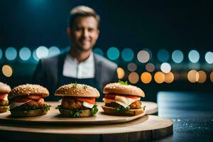 a man in a suit is holding four hamburgers on a wooden board. AI-Generated photo