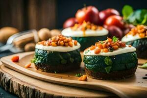 three small stuffed zucchini on a wooden cutting board. AI-Generated photo