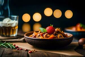 a bowl of pasta with meat and vegetables on a wooden table. AI-Generated photo