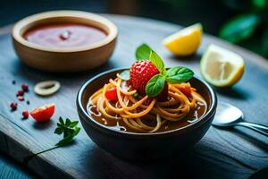 spaghetti with tomato sauce and basil leaves in a bowl. AI-Generated photo