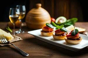 pequeño aperitivos en un plato con vino lentes. generado por ai foto