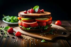 a sandwich with strawberries and tomatoes on a wooden cutting board. AI-Generated photo