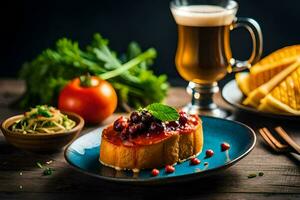 food on a table with a glass of beer. AI-Generated photo