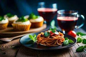 spaghetti with tomato sauce and vegetables on a plate. AI-Generated photo