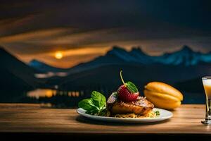 a plate of food and a glass of wine on a table with mountains in the background. AI-Generated photo
