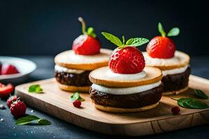 three mini cakes with strawberries on top. AI-Generated photo