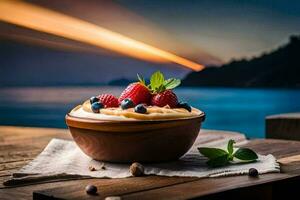 yogurt with berries and nuts on the table. AI-Generated photo