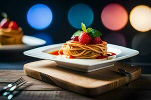 un plato con espaguetis y fresas en él. generado por ai foto