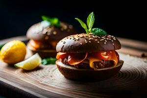 two hamburgers with cheese and tomatoes on a wooden board. AI-Generated photo