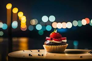 a cupcake with strawberries and chocolate on a wooden table. AI-Generated photo