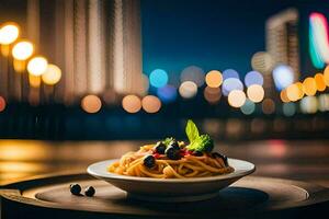 a plate of pasta with a cityscape in the background. AI-Generated photo