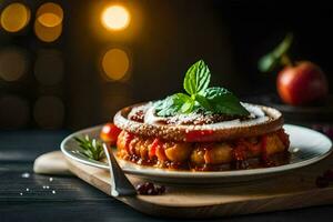 un plato con un Pastelería coronado con Tomates y albahaca hojas. generado por ai foto