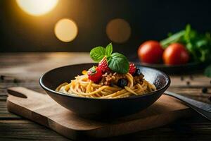 espaguetis con Tomates y albahaca en un de madera mesa. generado por ai foto