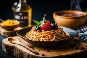 spaghetti with berries and mustard sauce on a wooden table. AI-Generated photo