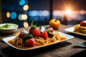 two plates of pasta with strawberries and vegetables. AI-Generated photo