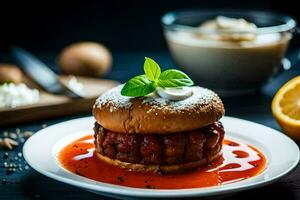 a hamburger with tomato sauce and cheese on a plate. AI-Generated photo