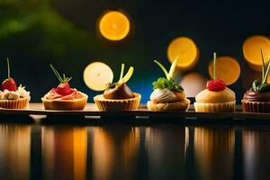 a row of mini desserts on a wooden tray. AI-Generated photo