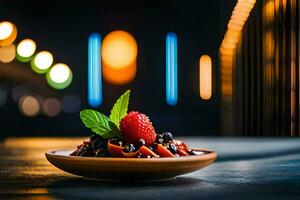 a bowl of berries and mint on a table. AI-Generated photo