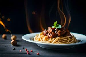 espaguetis con carne salsa en un lámina. generado por ai foto