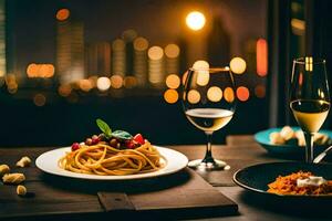 un romántico cena en el ciudad. generado por ai foto