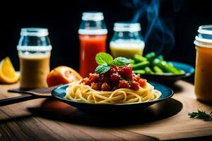 spaghetti with tomato sauce and vegetables on a table. AI-Generated photo